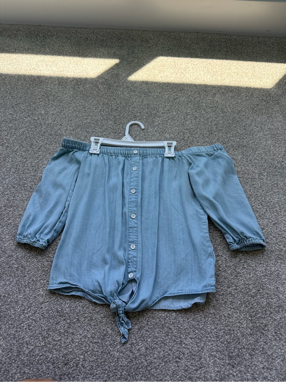 Light Blue Off-Shoulder Button-Front Tie Hem Top